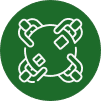 A white line drawing of four hands reaching toward the center of a round table with playing cards on it, set against a solid green circular background.
