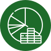 A white pie chart and a stack of coins are depicted on a green circular background, representing financial data or investment concepts.