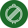 A white line drawing of a circular drum with two parallel diagonal lines across it, set against a solid green background.