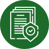 A white icon of two stacked documents and a shield with a checkmark inside it, set against a green circular background.