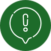 A white exclamation mark inside a speech bubble is centered on a solid green circular background.